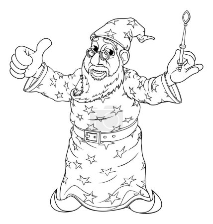 Ilustración de Un personaje de mago de dibujos animados que sostiene un dibujo para colorear de contorno de varita mágica - Imagen libre de derechos