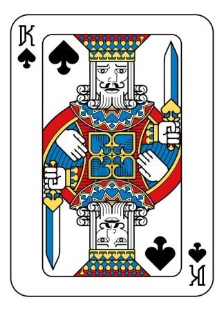 Ilustración de Un rey de picas jugando a las cartas en amarillo, rojo, azul y negro a partir de un nuevo diseño moderno y original de baraja completa. Tamaño estándar del póker. - Imagen libre de derechos
