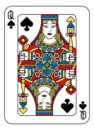Ilustración de Una carta de juego Reina de picas en amarillo, rojo, azul y negro a partir de un nuevo diseño de baraja completa original moderna. Tamaño estándar del póker. - Imagen libre de derechos