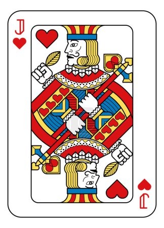 Téléchargez les illustrations : Une carte à jouer Jack of hearts en jaune, rouge, bleu et noir d'un nouveau design moderne original complet et complet. Taille de poker standard. - en licence libre de droit