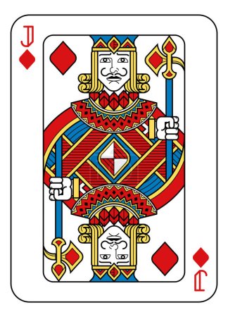 Illustration for A playing card Jack of Diamonds in yellow, red, blue and black from a new modern original complete full deck design. Standard poker size. - Royalty Free Image