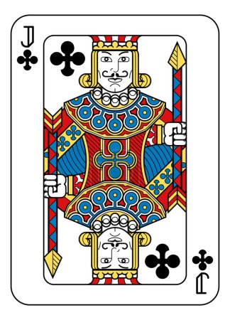 Ilustración de Una carta de juego Jack of Clubs en amarillo, rojo, azul y negro a partir de un nuevo diseño original completo de la baraja. Tamaño estándar del póker. - Imagen libre de derechos
