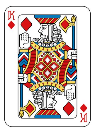 Ilustración de Un rey de cartas de diamantes en amarillo, rojo, azul y negro a partir de un nuevo diseño de baraja completa original moderna. Tamaño estándar del póker. - Imagen libre de derechos
