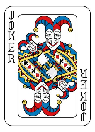Ilustración de Un Joker de cartas en amarillo, rojo, azul y negro a partir de un nuevo diseño original de baraja completa. Tamaño estándar del póker. - Imagen libre de derechos