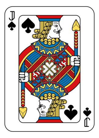 Ilustración de Una carta de juego Jack of Spades en amarillo, rojo, azul y negro de un nuevo diseño de baraja completa original moderna. Tamaño estándar del póker. - Imagen libre de derechos