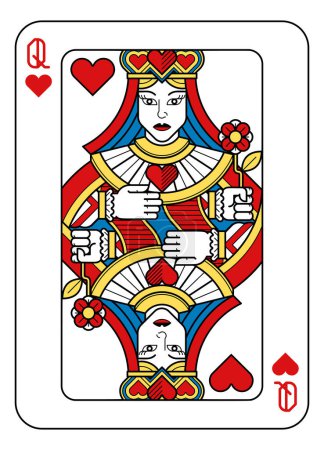 Ilustración de Una carta de juego Reina de corazones en amarillo, rojo, azul y negro de un nuevo diseño moderno original completo de la cubierta. Tamaño estándar del póker. - Imagen libre de derechos