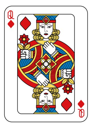 Ilustración de Una carta de juego Reina de Diamantes en amarillo, rojo, azul y negro a partir de un nuevo diseño original completo de la baraja. Tamaño estándar del póker. - Imagen libre de derechos