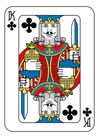 Téléchargez les illustrations : Un roi de cartes à jouer des Clubs en jaune, rouge, bleu et noir d'un nouveau design moderne original complet de pont. Taille de poker standard. - en licence libre de droit