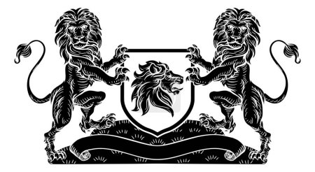 Ilustración de Un emblema de escudo heráldico medieval con partidarios de leones que flanquean una carga de escudo en un estilo vintage de corte en madera retro. - Imagen libre de derechos