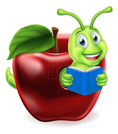 Téléchargez les illustrations : Une chenille vers de bibliothèque mignon personnage de dessin animé éducation mascotte lecture d'un livre qui sort d'une pomme - en licence libre de droit