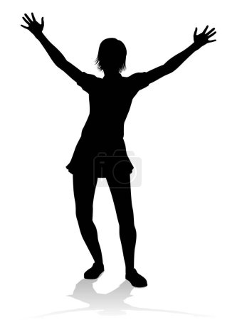 A silhouette woman with arms raised in praise or triumph