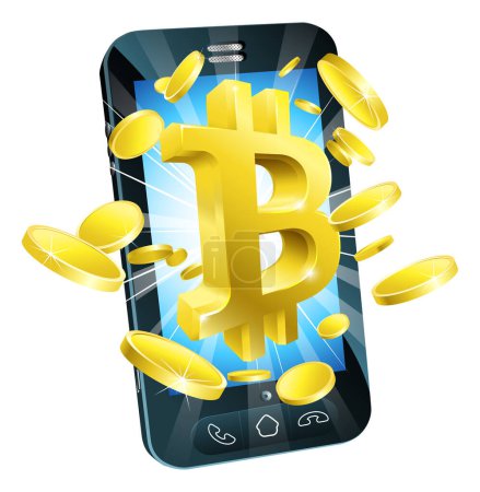 Téléchargez les illustrations : Bitcoin signe symbole et pièces d'or concept de téléphone mobile - en licence libre de droit