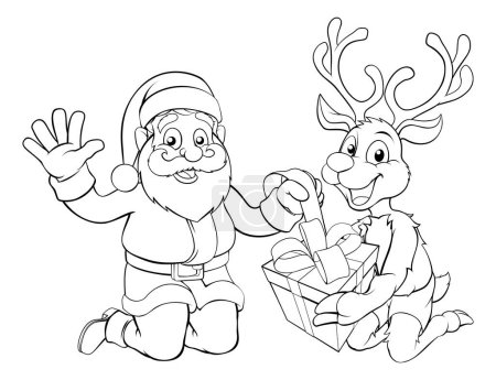 Illustration for Santa and his reindeer opening Christmas gift coloring scene - Royalty Free Image