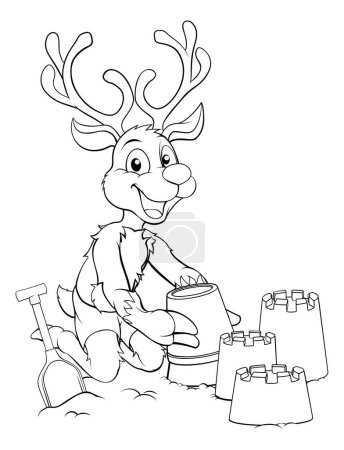 Illustration for Santa Claus s reindeer Christmas character on the beach making sandcastles - Royalty Free Image