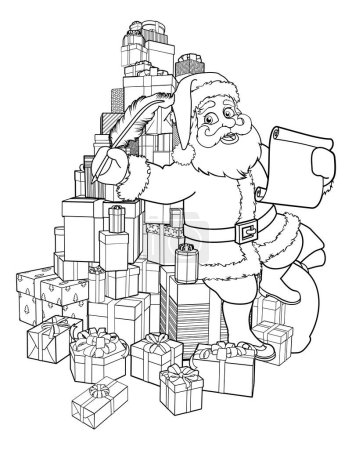 Ilustración de Santa Claus comprobación de Navidad travieso o buena lista de regalos o carta de escritura a los niños dibujos animados escena para colorear esquema ilustración - Imagen libre de derechos