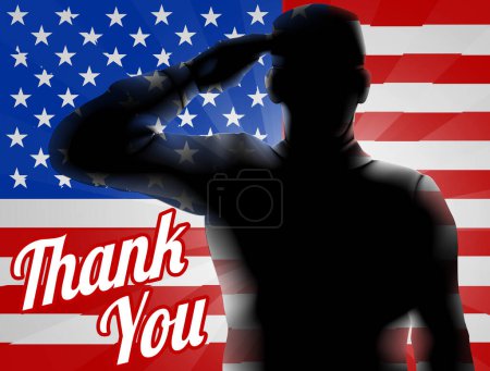 Illustration for A silhouette soldier saluting with American Flag in the background with Thank You, design for Memorial Day or Veterans Day - Royalty Free Image