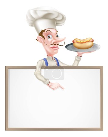 Téléchargez les illustrations : Illustration d'un chef de bande dessinée tenant un hot-dog pointant du doigt un signe - en licence libre de droit