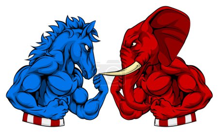 Illustration for A donkey and elephant squaring of for a fight or boxing match. Symbols of the Democratic and Republican parties, politics American election concept - Royalty Free Image
