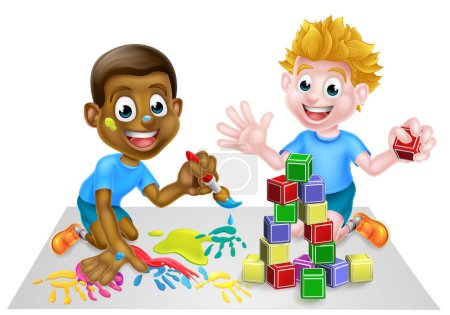 Illustration for Cartoon boys playing with toys, one black one white, with paint and building blocks - Royalty Free Image