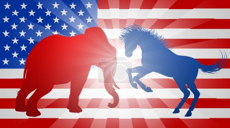 Illustration for A donkey and elephant silhouettes fighting. Mascot animals of American democratic and republican parties, concept for the presidential election or politics in general - Royalty Free Image