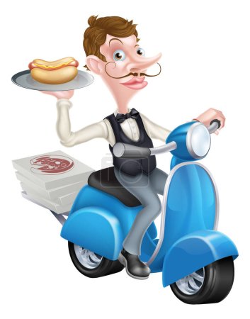 Illustration for An Illustration of a Cartoon Butler on Scooter Moped Delivering Hotdog - Royalty Free Image