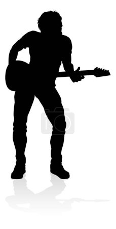 Ilustración de Un guitarrista músico en silueta detallada tocando su instrumento musical de guitarra. - Imagen libre de derechos