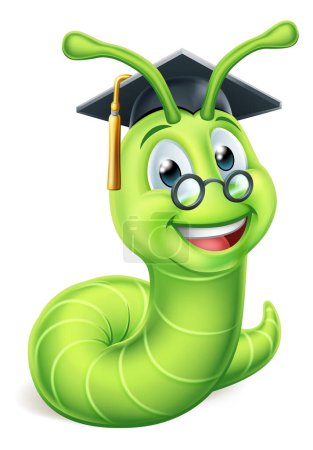 Foto de Una inteligente maestra o profesora gusano de biblioteca gusano de oruga caricatura personaje educación mascota con sombrero de graduación mortero y gafas - Imagen libre de derechos