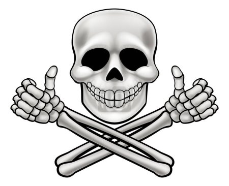 Téléchargez les photos : Caricature Halloween crâne de pirate et squelette osseux croisés donnant un pouce vers le haut illustration - en image libre de droit