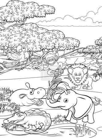 Téléchargez les illustrations : Un safari dessin animé fond animal mignon savane africaine paysage coloriage contour scène. - en licence libre de droit