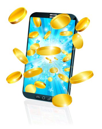 Téléchargez les illustrations : Un téléphone mobile ou cellulaire avec de l'argent pièce d'or volant concept. - en licence libre de droit