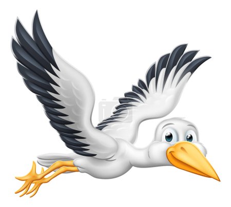 Téléchargez les photos : Une cigogne ou une grue oiseau dessin animé volant dans les airs - en image libre de droit