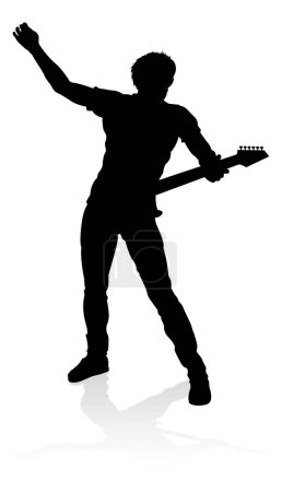 Illustration for A guitarist musician in detailed silhouette playing his guitar musical instrument. - Royalty Free Image