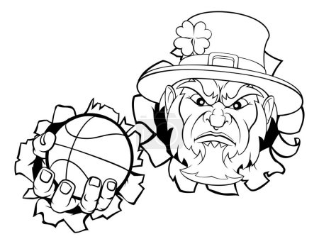 Illustration for A leprechaun basketball sports mascot holding a ball and tearing through the background. - Royalty Free Image