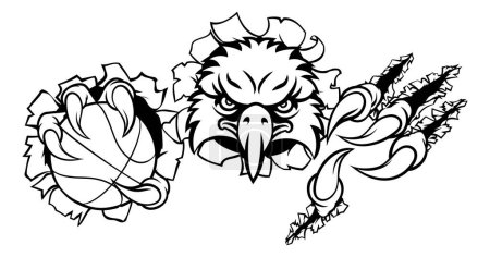 Illustration for An eagle bird basketball sports mascot cartoon character ripping through the background holding a ball - Royalty Free Image