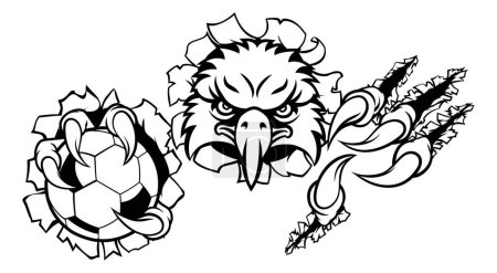 Foto de Un pájaro águila fútbol deportes mascota personaje de dibujos animados rasgando a través del fondo sosteniendo una pelota - Imagen libre de derechos