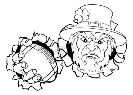 Illustration for A leprechaun American football sports mascot holding a ball and tearing through the background. - Royalty Free Image