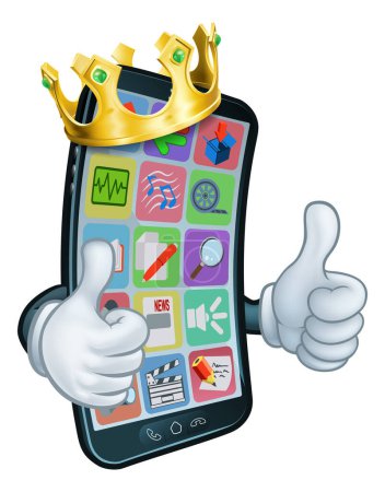 Téléchargez les illustrations : Une mascotte de personnage de dessin animé de téléphone portable portant une couronne roi d'or et donnant un double pouce vers le haut. - en licence libre de droit