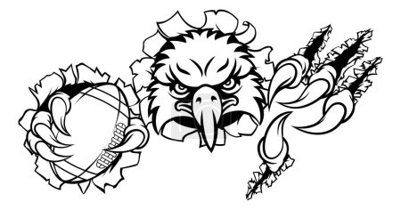 Téléchargez les illustrations : Un oiseau aigle football américain sport mascotte personnage de dessin animé déchirant à travers l'arrière-plan tenant une balle - en licence libre de droit