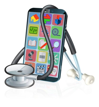 Téléchargez les illustrations : Un téléphone portable avec stéthoscope. Un concept d'application de santé médicale ou alternativement lié à l'entretien et à la réparation du service téléphonique. - en licence libre de droit