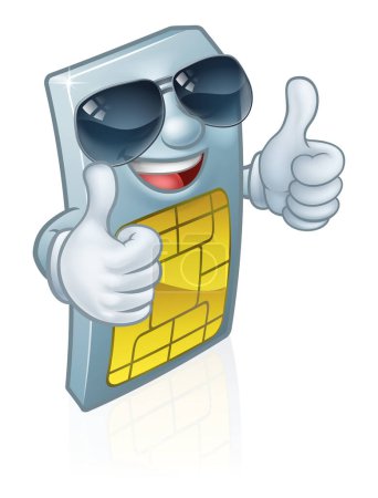 Ilustración de Una mascota del personaje de dibujos animados de la tarjeta SIM del teléfono móvil con tonos fríos o gafas de sol que dan un pulgar doble hacia arriba. - Imagen libre de derechos