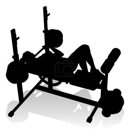 Téléchargez les illustrations : Une femme en silhouette utilisant un banc de musculation et un appareil de gymnastique d'exercice de haltère - en licence libre de droit
