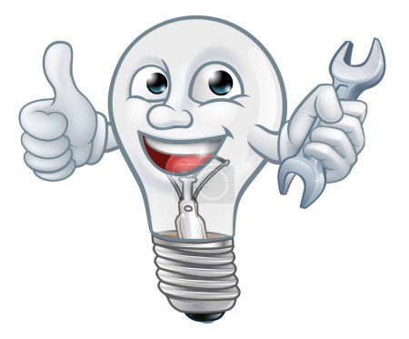 Illustration for A light bulb cartoon character lightbulb mascot holding a spanner or wrench and giving thumbs up - Royalty Free Image