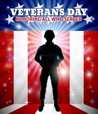 Ilustración de Un soldado patriótico parado frente a un concepto de fondo del Día de los Veteranos de bandera estadounidense - Imagen libre de derechos