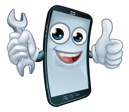 A mobile phone repair service or perhaps plumber or mechanic app cartoon character mascot holding spanner and giving a thumbs up.