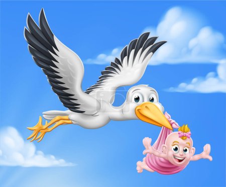 Téléchargez les illustrations : Une cigogne ou une grue oiseau dessin animé volant dans le ciel portant un nouveau-né comme dans le mythe de la grossesse. - en licence libre de droit