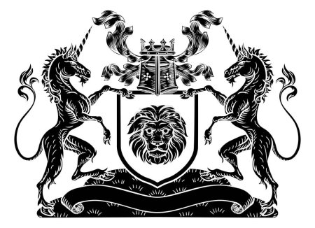 Ilustración de Un emblema de escudo heráldico medieval con rampantes partidarios de animales unicornio que flanquean una carga de escudo en un estilo de madera vintage. - Imagen libre de derechos