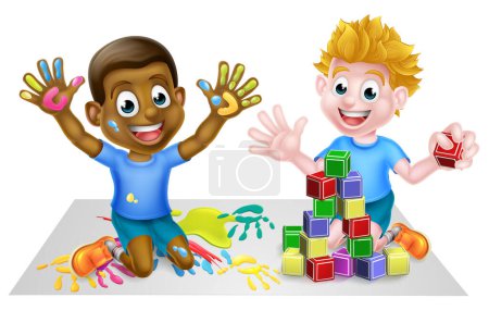 Illustration for Cartoon boys playing with toys, with paints and toy building blocks - Royalty Free Image