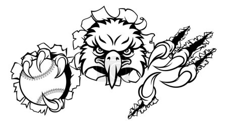 Ilustración de Un pájaro águila de béisbol mascota deportiva personaje de dibujos animados rasgando a través del fondo sosteniendo una pelota - Imagen libre de derechos