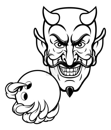 Téléchargez les illustrations : Une mascotte de sport de personnage de dessin animé diable tenant une boule de bowling à dix broches - en licence libre de droit