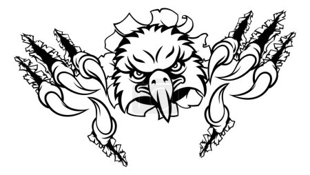 Ilustración de Un pájaro águila mascota deportiva personaje de dibujos animados rasgando a través del fondo con sus garras o garras - Imagen libre de derechos